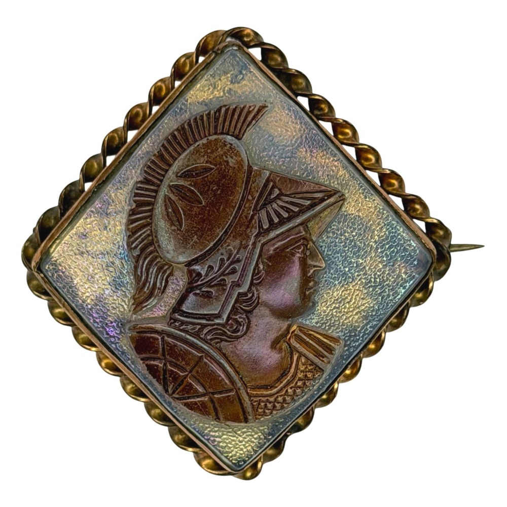 Vintage Cameo Brooch Glass Gold Tone Roman Soldier Centurion Neoclassical Pin